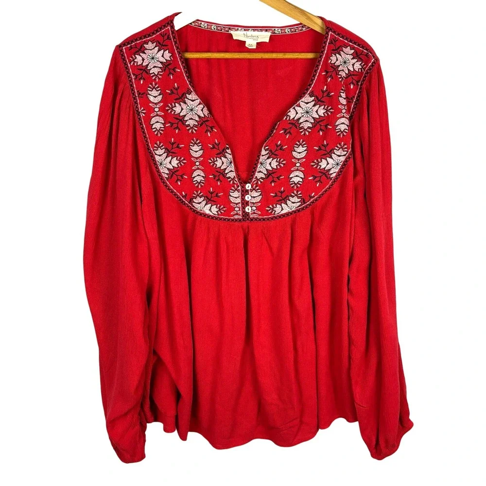 Nurture Westbound Woman Long Sleeve Embroidered Boho Peasant Blouse 2X Bohemian